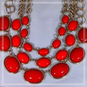 Vintage Red Statement Bib Necklace Gold Tone Triple Layer Chunky Oval Cabochon